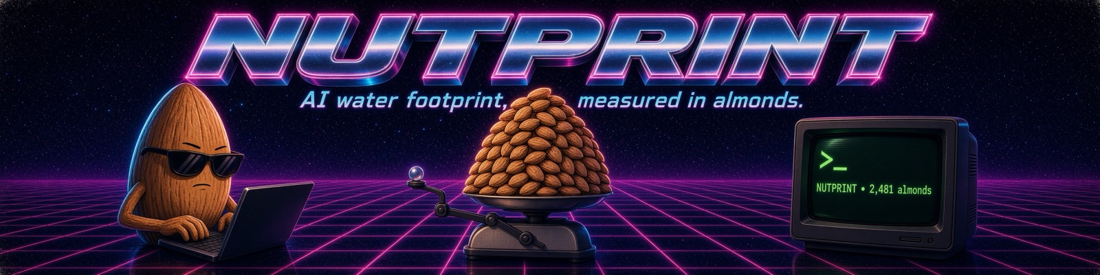 A sunglassed cartoon almond typing on a laptop next to a scale piled with almonds and a retro terminal reading "NUTPRINT dot 2,481 almonds," on a neon synthwave grid.